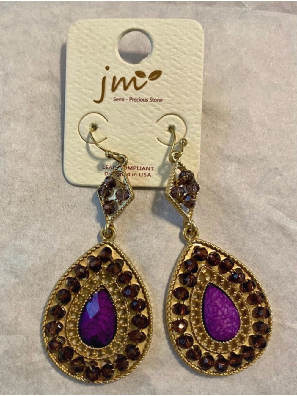 JM Semi-Precious Stone Purple Teardrop Earrings (see description)